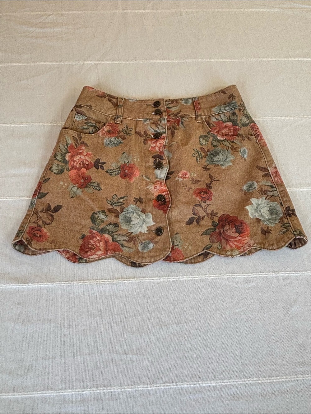West Fade Floral Corduroy Mini Skirt Medium Button Front Scalloped Hem - Picture 2 of 7